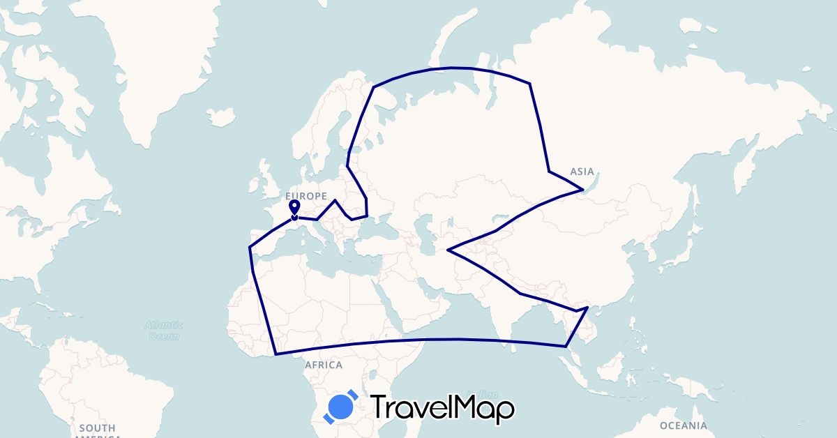 TravelMap itinerary: driving in Switzerland, Estonia, Ghana, India, Italy, Kyrgyzstan, Laos, Latvia, Morocco, Poland, Portugal, Romania, Russia, Thailand, Turkmenistan, Ukraine, Uzbekistan, Vietnam (Africa, Asia, Europe)